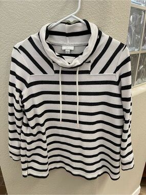 Striped Cowl Neck Pullover - Black/White slits on the side